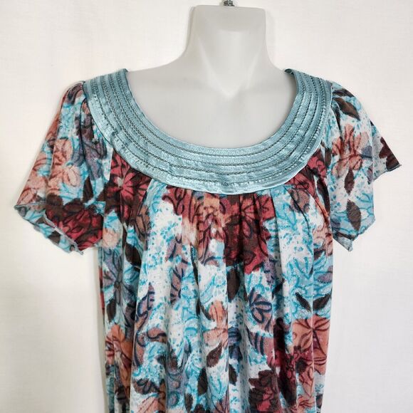 American Rag Cie Women Blouse Top Small Multi Floral Elastic Hem Pullover Keyhol - Picture 3 of 10